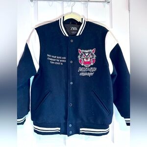 Zara Bomber Jacket School Varsity Black Cats Skate Crew Size 11-12
